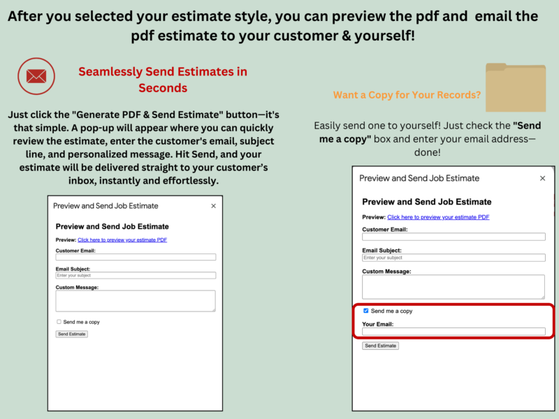 3 After choosing a style, preview the PDF and email it to your customer and to yourself; tick Send me a copy and enter your email to get your own copy.