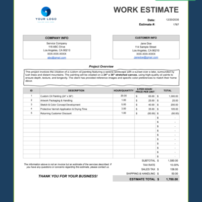 3 Style 3 work estimate sample: company and customer information, project overview, line items with hours or quantity and price, discount, sales tax, shipping and estimate total.