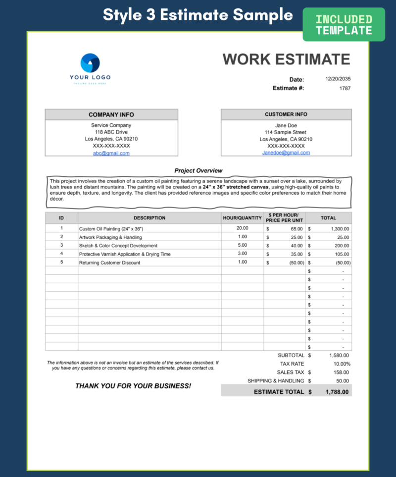 3 Style 3 work estimate sample: company and customer information, project overview, line items with hours or quantity and price, discount, sales tax, shipping and estimate total.