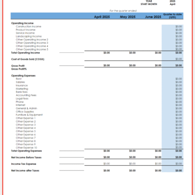 300 A blank quarterly income statement template ready to fill in.