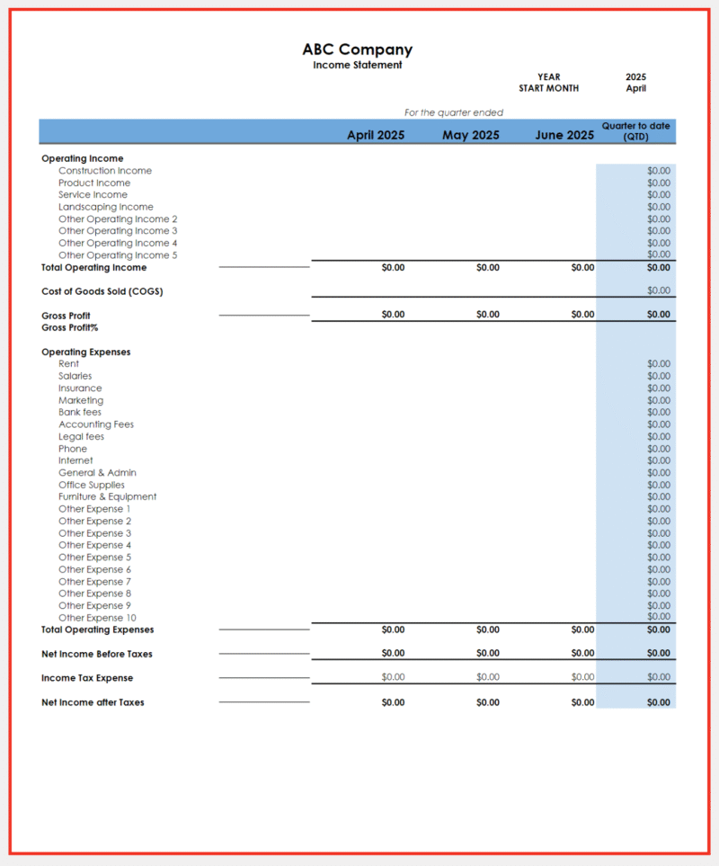 300 A blank quarterly income statement template ready to fill in.
