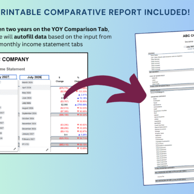 334 Printable comparative income report: select any month between two years and the report fills in from the monthly income statement tabs.