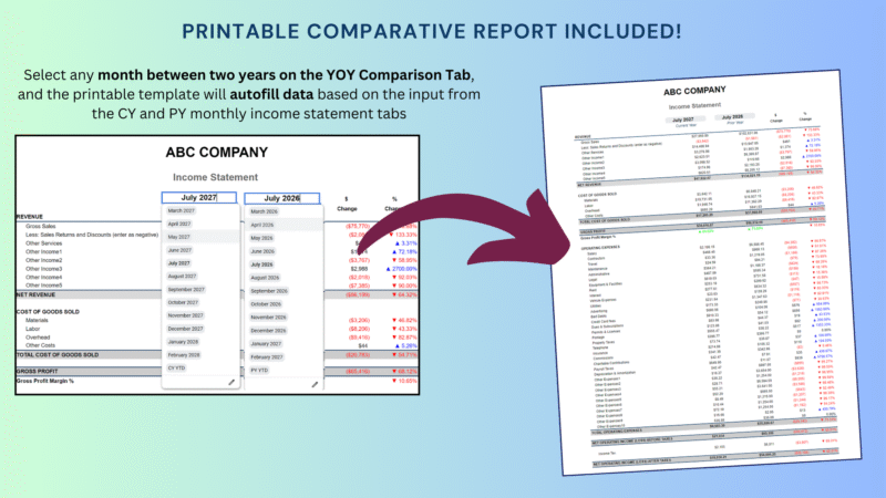 334 Printable comparative income report: select any month between two years and the report fills in from the monthly income statement tabs.