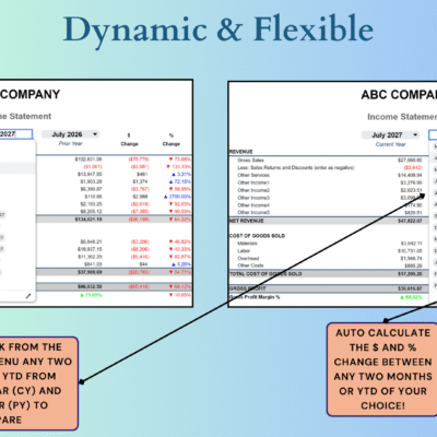 335 Comparative income statement: pick any two months or year-to-date periods from the current and prior years, and the dollar and percent change are calculated.