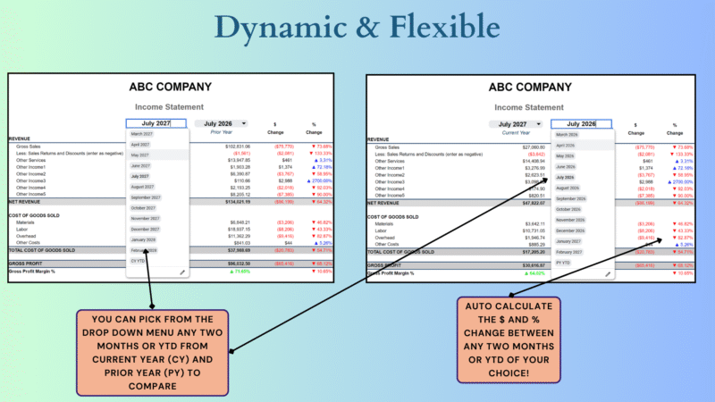 335 Comparative income statement: pick any two months or year-to-date periods from the current and prior years, and the dollar and percent change are calculated.