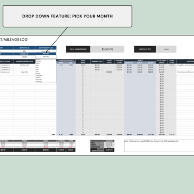 Travel cost and mileage log: pick the month from the drop-down list.