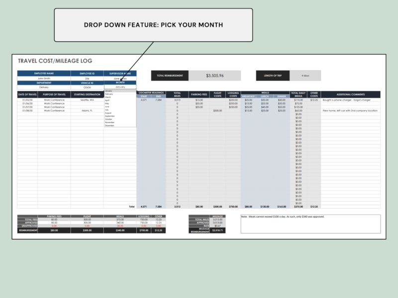 Travel cost and mileage log: pick the month from the drop-down list.