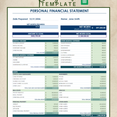 362 Personal financial statement in Google Sheets: net worth progress toward a goal, monthly income and expenses, and assets by type, including cash, investments, real estate, vehicles and personal property, and liabilities.
