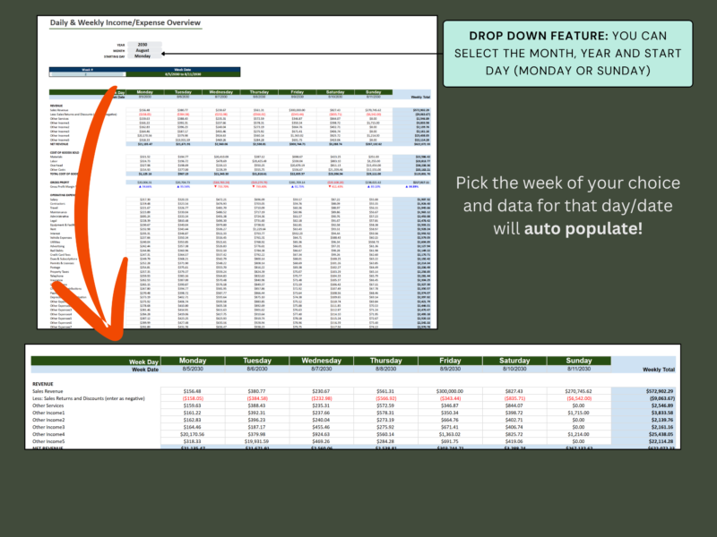 363 Daily and weekly income and expense overview: select the month, year and start day, then pick the week; that week's data fills in.