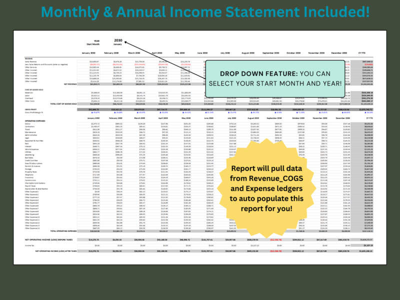 364 Monthly and annual income statement included: select the start month and year; the report pulls data from the revenue and cost of goods sold ledger and the expense ledger.