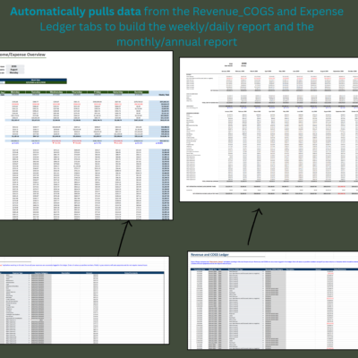 365 The revenue and cost of goods sold ledger and the expense ledger feed the weekly and daily report and the monthly and annual report automatically.