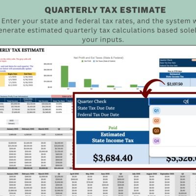 39 Quarterly tax estimate: enter state and federal tax rates and the estimated quarterly state and federal income tax is calculated, with due dates and paid status for each quarter.