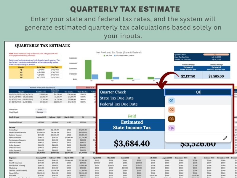 39 Quarterly tax estimate: enter state and federal tax rates and the estimated quarterly state and federal income tax is calculated, with due dates and paid status for each quarter.