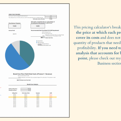 394 This calculator's break-even point is the price per product that covers its costs; it does not account for the quantity that must be sold. A quantity-based break-even analysis is a separate listing in the Small Business section.