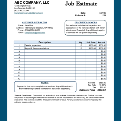 Job estimate for an exterior inspection: customer information, description of work, line items, notes, tax and estimate total.