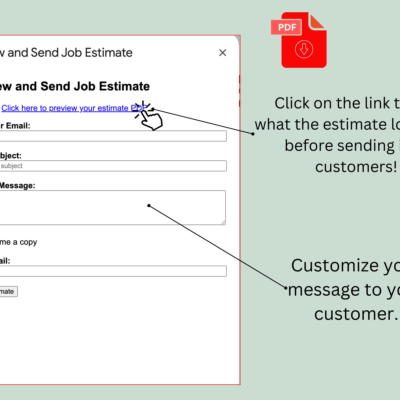4 The preview and send window: click the link to see the estimate PDF, enter the customer's email, a subject and a custom message, then send.