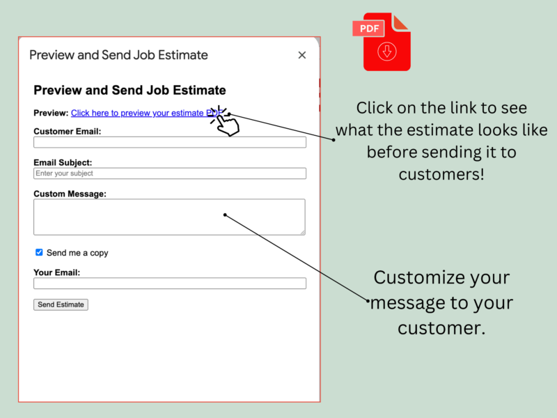 4 The preview and send window: click the link to see the estimate PDF, enter the customer's email, a subject and a custom message, then send.