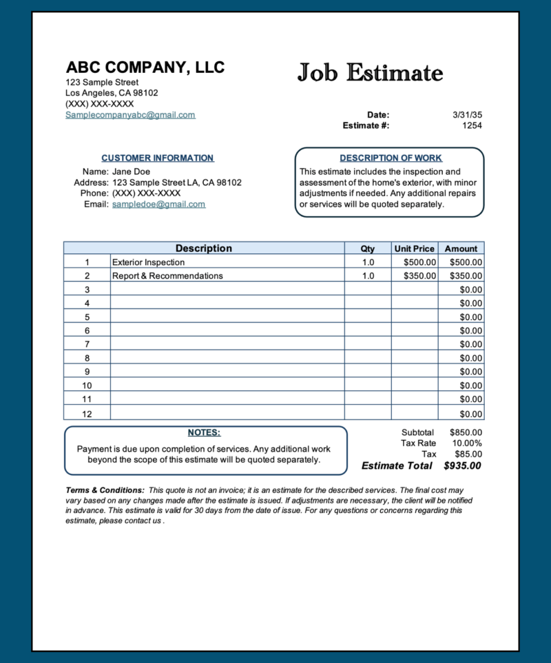 Job estimate for an exterior inspection: customer information, description of work, line items, notes, tax and estimate total.