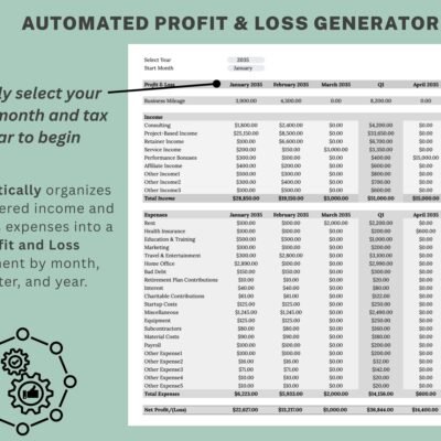 40 Automated profit and loss: select the start month and tax year, and income and expenses are organized by month, quarter and year.