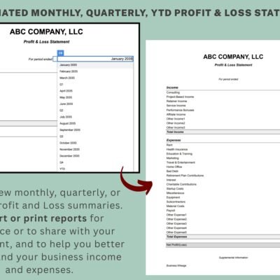 41 Printable profit and loss statement for any month, quarter or year to date, to export or print and share with an accountant.