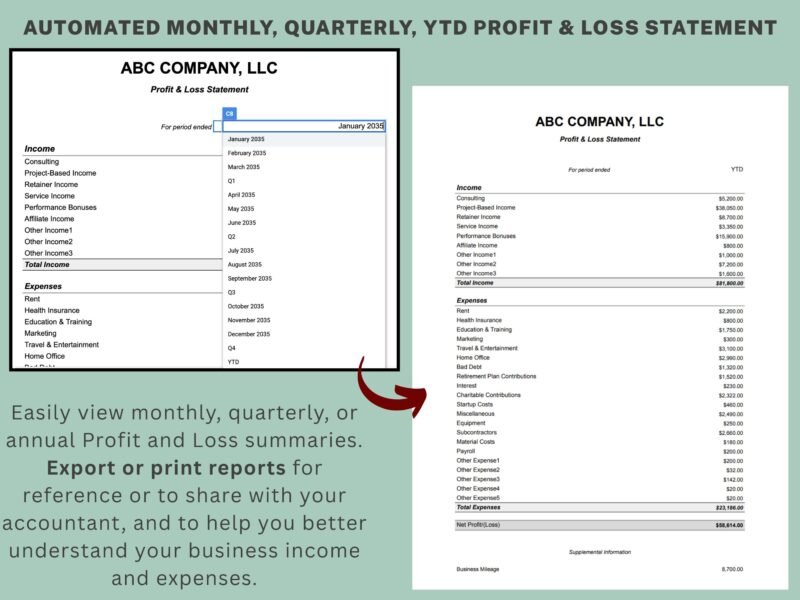 41 Printable profit and loss statement for any month, quarter or year to date, to export or print and share with an accountant.