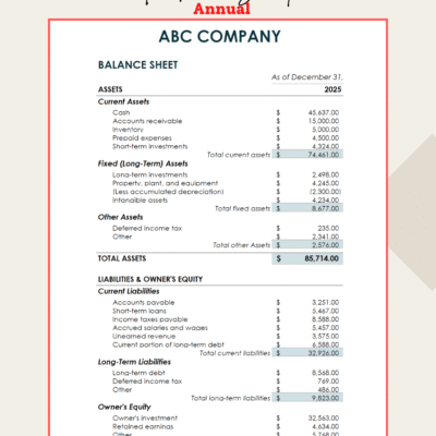 433 Annual balance sheet for a sample company: current, fixed and other assets, current and long-term liabilities, and owner's equity, with totals.