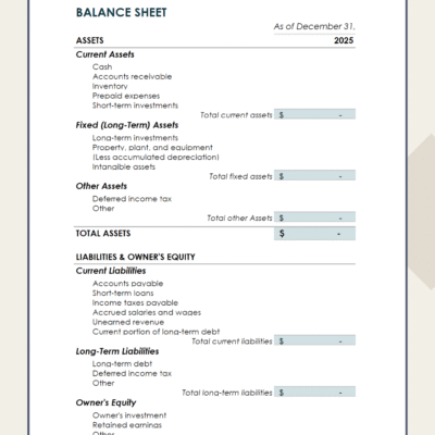 435 A blank balance sheet template ready to fill in.