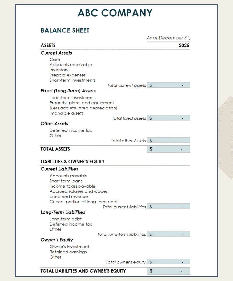 435 A blank balance sheet template ready to fill in.