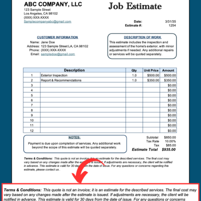 The job estimate's terms and conditions: the quote is not an invoice, costs may change with notice, and it is valid for 30 days.