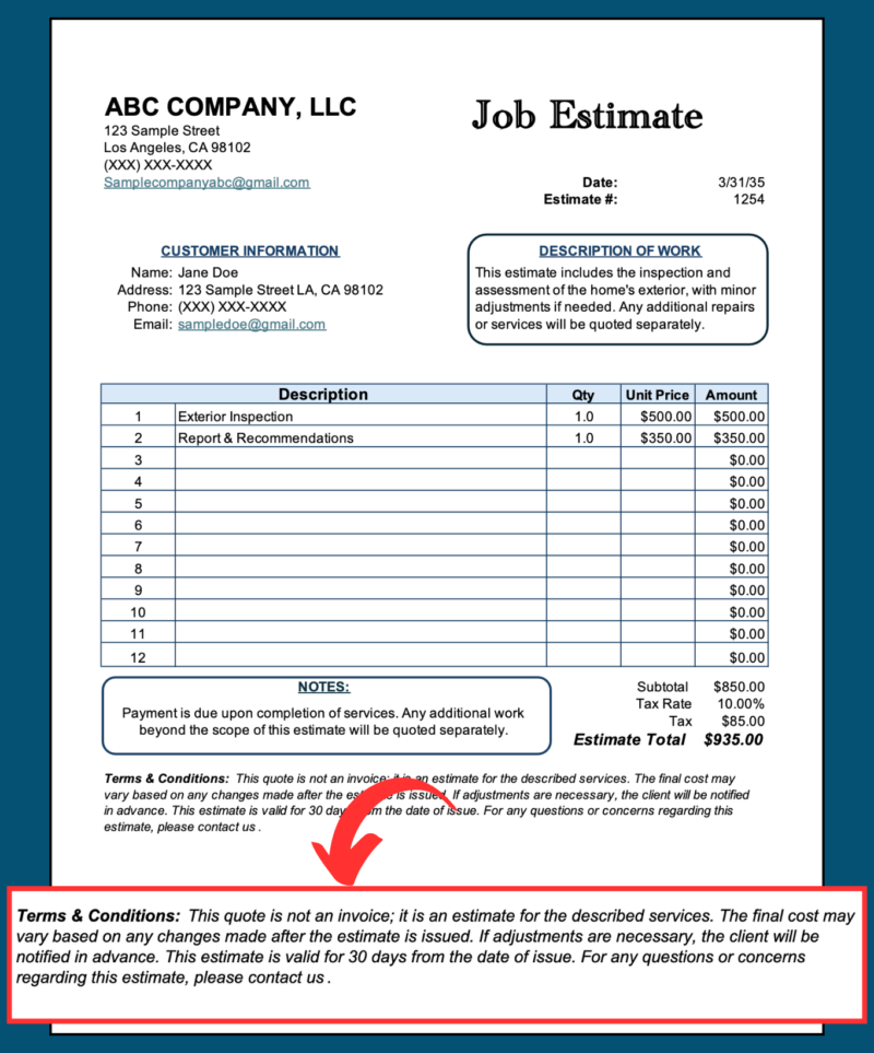 The job estimate's terms and conditions: the quote is not an invoice, costs may change with notice, and it is valid for 30 days.