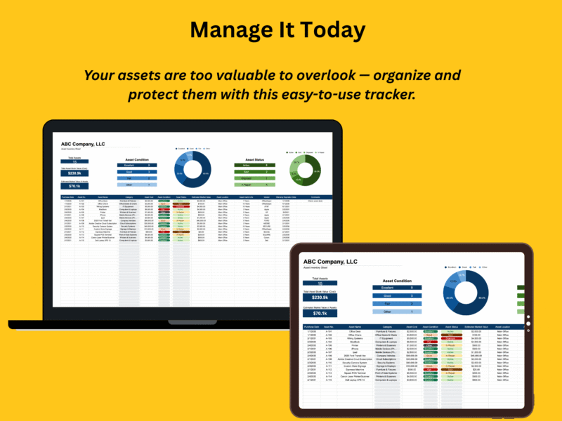 The asset inventory tracker shown on a laptop and tablet.