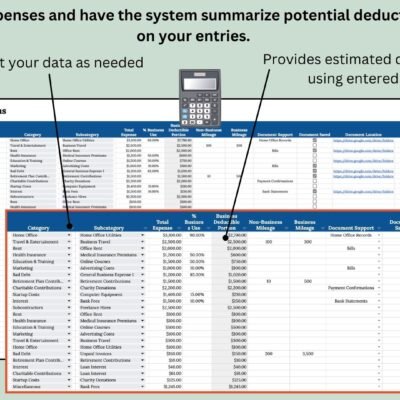 6 Business expense and tax deductions log: filter and sort expenses; estimated deduction amounts are summarized from the entries, with business-use percentages, mileage and document tracking.