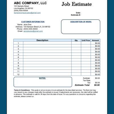 A blank job estimate template ready to fill in.