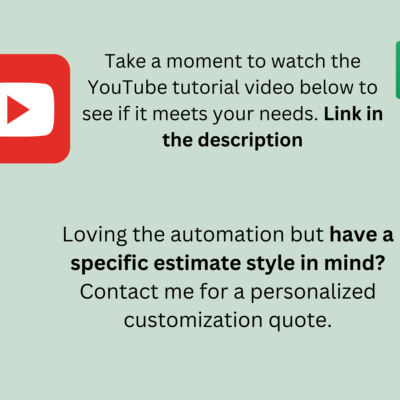 6 A YouTube tutorial is linked in the description. Works with Google Sheets. A different estimate style can be quoted as a customization.