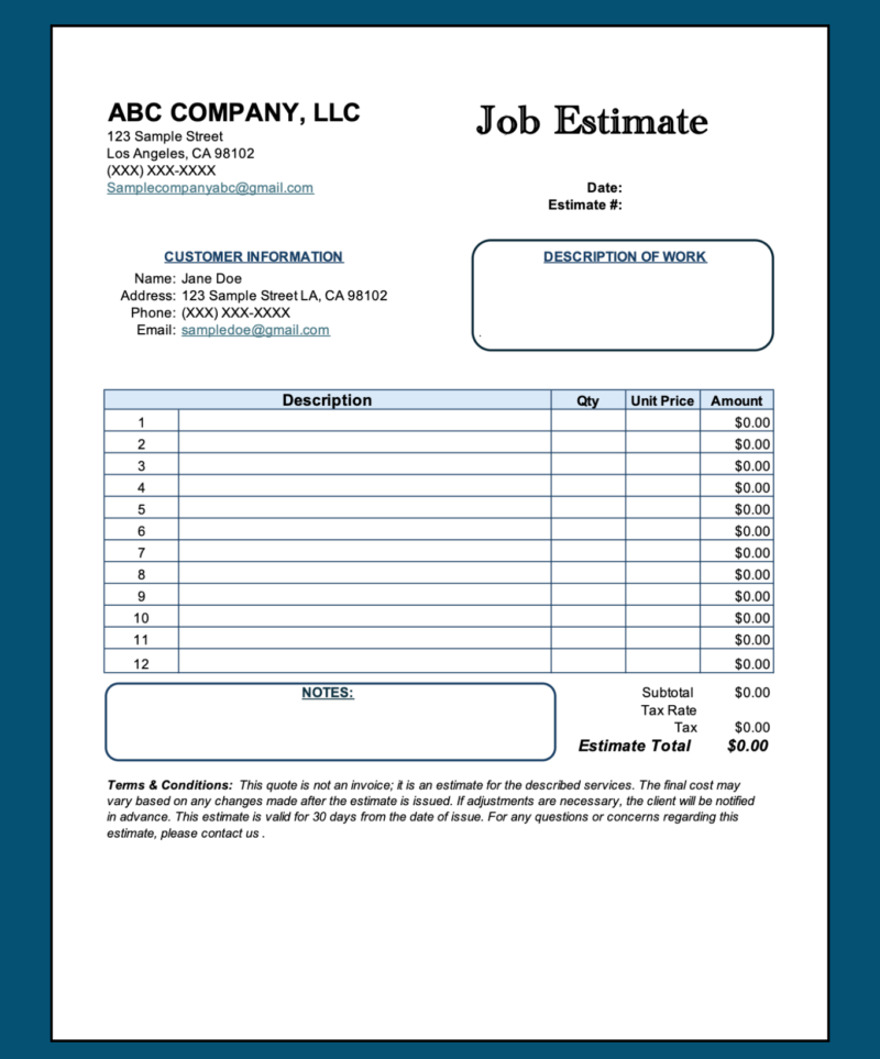 A blank job estimate template ready to fill in.