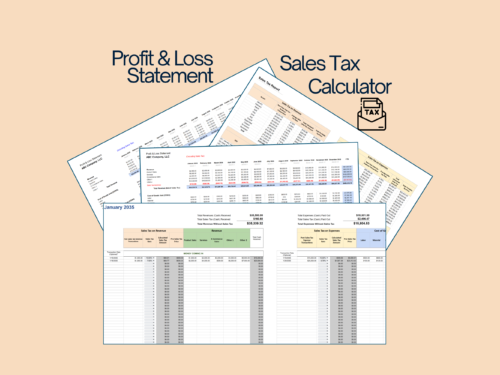 Monthly profit and loss statement with a sales tax calculator: sales tax on revenue and on expenses for each transaction, a monthly sales tax report, and a profit and loss statement by month.