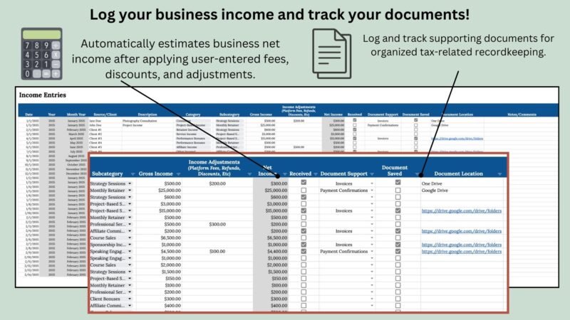 7 Business income log: each income entry with date, source, category, gross income, adjustments such as fees and discounts, net income, and a checklist for supporting documents and where they are saved.