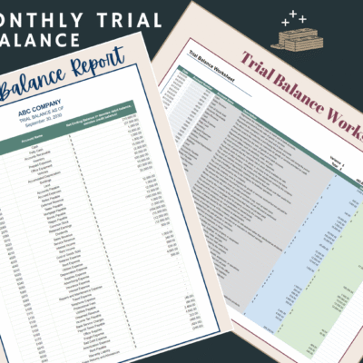 8 Monthly trial balance: a trial balance worksheet and a printable trial balance report for a sample company, listing each account with its debit or credit balance.