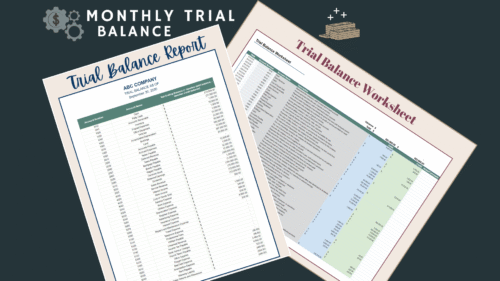 Monthly trial balance: a trial balance worksheet and a printable trial balance report for a sample company, listing each account with its debit or credit balance.
