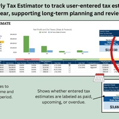 8 Quarterly tax estimator for tracking estimates year over year: select quarterly dates to use that period's income and expenses; each estimate shows as paid, upcoming or overdue.