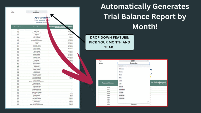 9 The trial balance report is created by month: pick the month and year from the drop-down list.