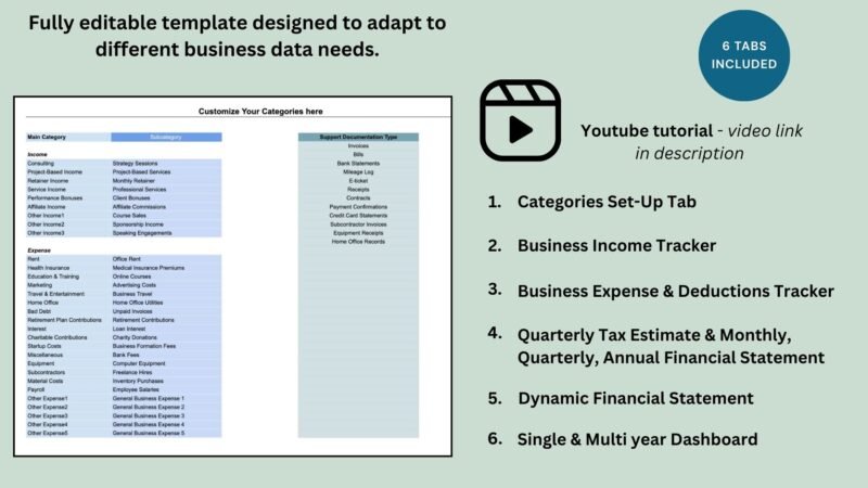 9 Every part can be edited. A YouTube tutorial is in the description. 6 tabs: categories setup, business income tracker, business expense and deductions tracker, quarterly tax estimate with financial statements, dynamic financial statement, and single and multi-year dashboard.