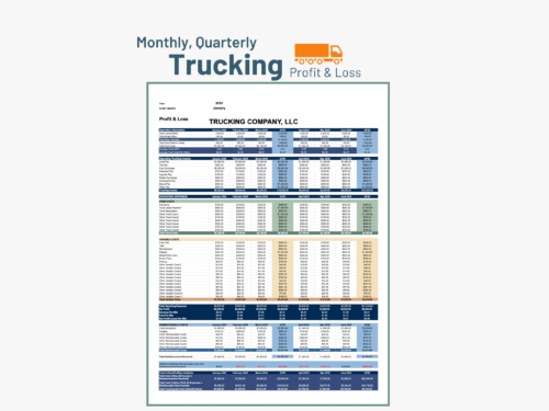 Monthly and quarterly trucking profit and loss for a sample company: operation information, trucking income, fixed, variable and reimbursable costs, and cash flow by month and quarter.