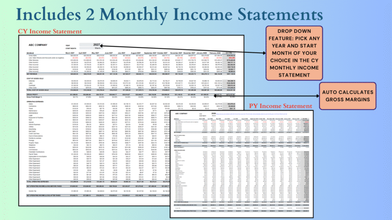 Beige Pastel Minimalist Thesis Defense Presentation Two monthly income statements are included, one for the current year and one for the prior year; pick any year and start month, and gross margins are calculated.