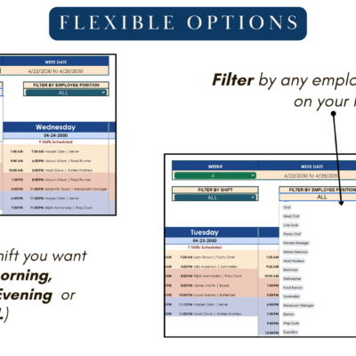 Scheduler filters: filter by shift (morning, afternoon, evening or all) and by any employee position on your list.
