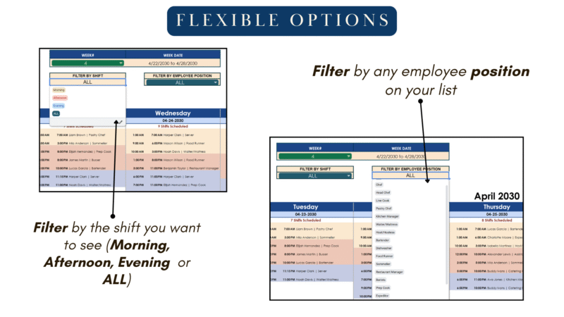 Scheduler filters: filter by shift (morning, afternoon, evening or all) and by any employee position on your list.