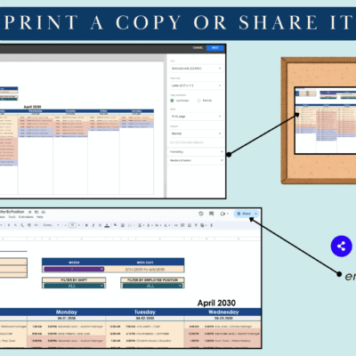 Print the schedule, or share it so employees can view their shifts.