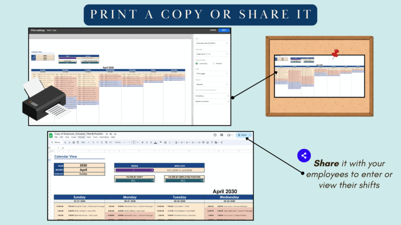 Print the schedule, or share it so employees can view their shifts.