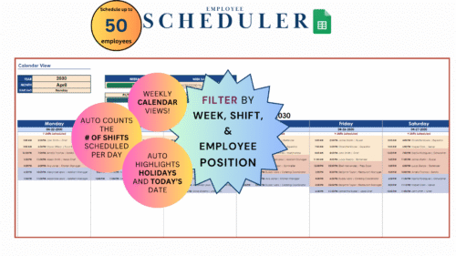 Beige Pastel Minimalist Thesis Defense Presentation (5) Employee scheduler in Google Sheets for up to 50 employees: a weekly calendar of shifts, filtered by week, shift and employee position. It counts the shifts scheduled each day and highlights holidays and today's date.