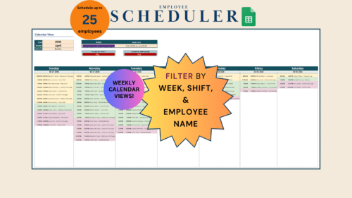 Beige Pastel Minimalist Thesis Defense Presentation (6) Employee scheduler in Google Sheets for up to 25 employees: a weekly calendar of shifts, filtered by week, shift and employee name.